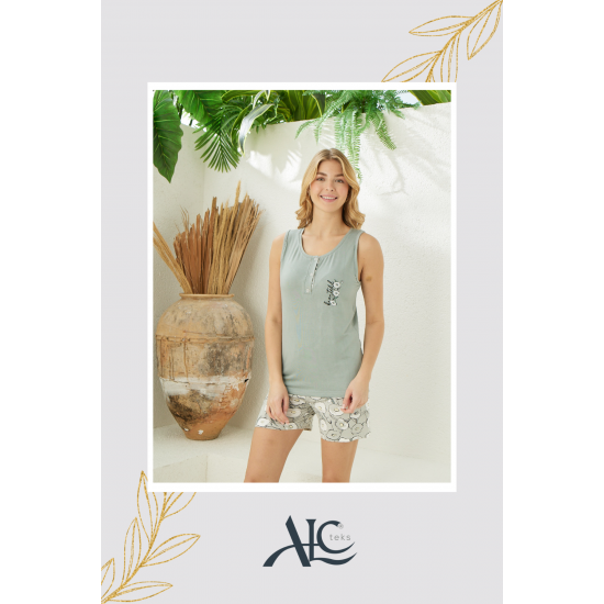 KALIN ASKILI DESENLİ ÖNDEN DÜĞMELİ ŞORTLU GRİ RENKLİ YAZLIK KADIN PİJAMA TAKIMI