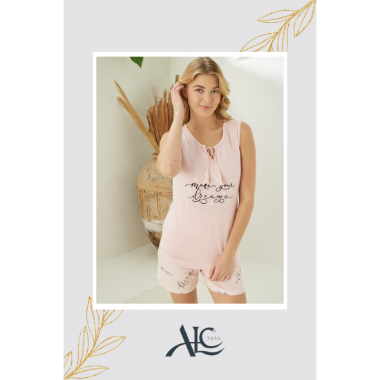 PEMBE RENKLİ KALIN ASKILI ÖNDEN BAĞLAMA DETAYLI ŞORTLU YAZLIK KADIN PİJAMA TAKIMI