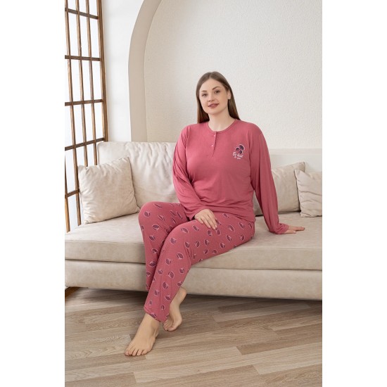 Büyük Beden Pembe Desenli Kadın Pijama | %100 Pamuk, Uzun Kollu Konfor