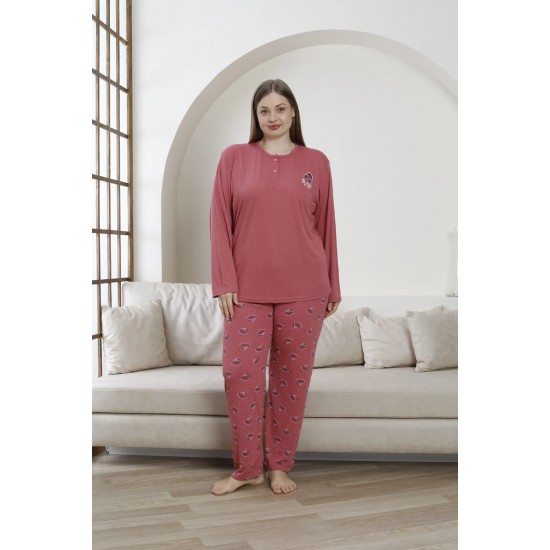 Büyük Beden Pembe Desenli Kadın Pijama | %100 Pamuk, Uzun Kollu Konfor