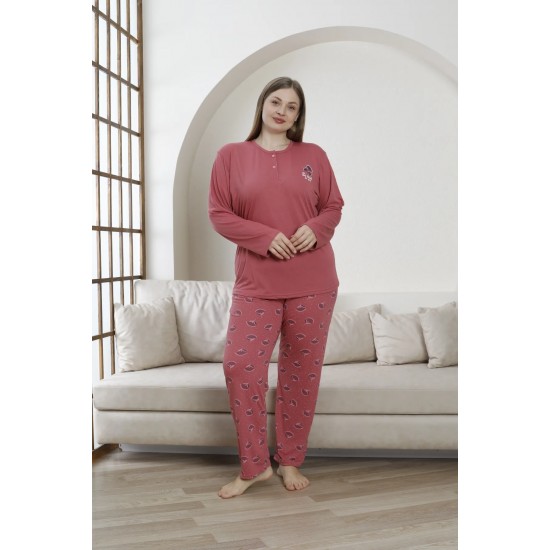 Büyük Beden Pembe Desenli Kadın Pijama | %100 Pamuk, Uzun Kollu Konfor