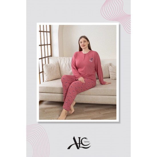 Büyük Beden Pembe Desenli Kadın Pijama | %100 Pamuk, Uzun Kollu Konfor