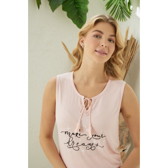 PEMBE RENKLİ KALIN ASKILI ÖNDEN BAĞLAMA DETAYLI ŞORTLU YAZLIK KADIN PİJAMA TAKIMI