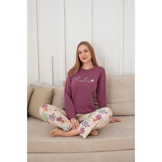 Yumuşacık Dokunuş: %100 Pamuk Pijama – Mor, Uzun Kollu, Çiçek Desenli