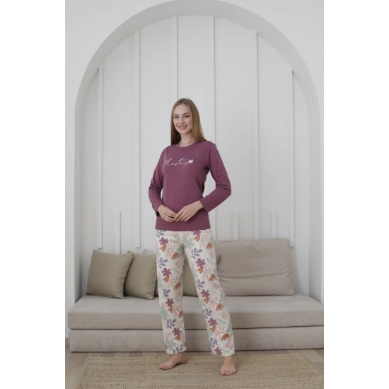 Yumuşacık Dokunuş: %100 Pamuk Pijama – Mor, Uzun Kollu, Çiçek Desenli