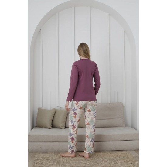 Yumuşacık Dokunuş: %100 Pamuk Pijama – Mor, Uzun Kollu, Çiçek Desenli