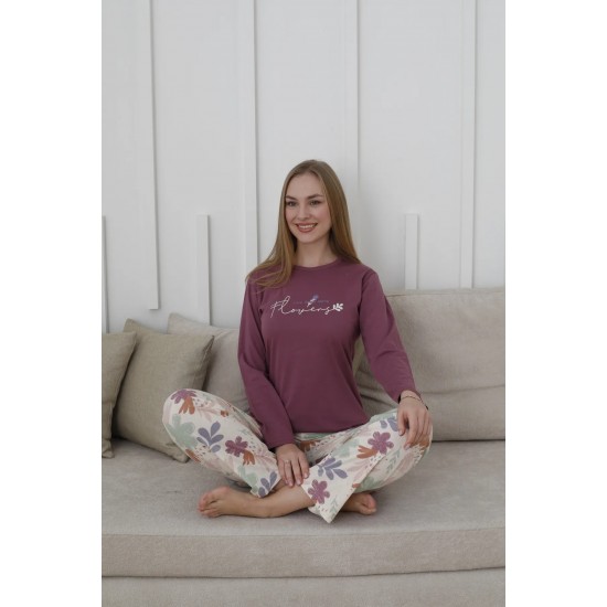 Yumuşacık Dokunuş: %100 Pamuk Pijama – Mor, Uzun Kollu, Çiçek Desenli