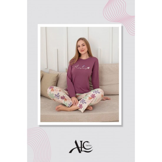 Yumuşacık Dokunuş: %100 Pamuk Pijama – Mor, Uzun Kollu, Çiçek Desenli