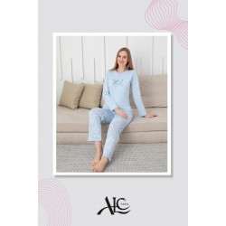 Yumuşacık %100 Pamuklu Kadın Pijama Takımı – Desenli, Bebek Mavisi, Uzun Kollu
