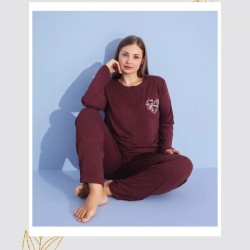 Büyük Beden Bordo Kadın Pijama Takımı Düğme Detaylı & Uzun Kollu Şıklık