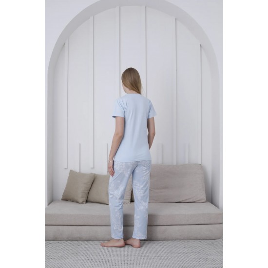 Yumuşacık Dokunuş: %100 Pamuk Kadın Pijama – Desenli, Bebek Mavisi, Yazlık Model