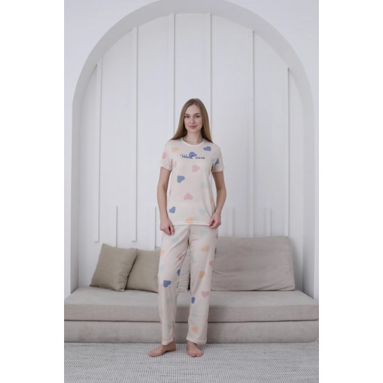 Sade & Zarif: Pamuklu Kalpli Kadın Pijama Takımı – Bisiklet Yaka, Ten Renkli