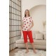 %100 PAMUKLU KISA KOLLU KAPRİLİ KIRMIZI RENKLİ BİSİKLET YAKALI KALP DESENLİ KADIN PİJAMA TAKIMI