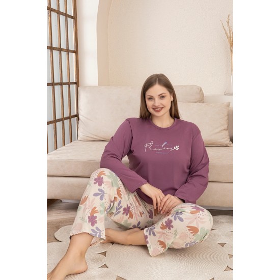 Yumuşacık Dokunuş: %100 Pamuk Büyük Beden Pijama – Mor, Uzun Kollu, Çiçek Desenli