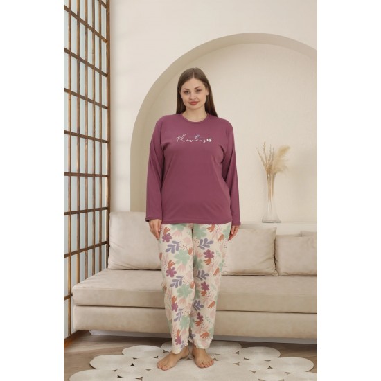 Yumuşacık Dokunuş: %100 Pamuk Büyük Beden Pijama – Mor, Uzun Kollu, Çiçek Desenli