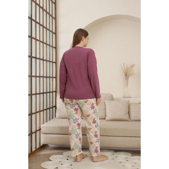 Yumuşacık Dokunuş: %100 Pamuk Büyük Beden Pijama – Mor, Uzun Kollu, Çiçek Desenli
