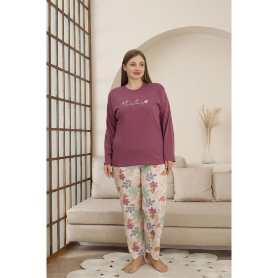 Yumuşacık Dokunuş: %100 Pamuk Büyük Beden Pijama – Mor, Uzun Kollu, Çiçek Desenli