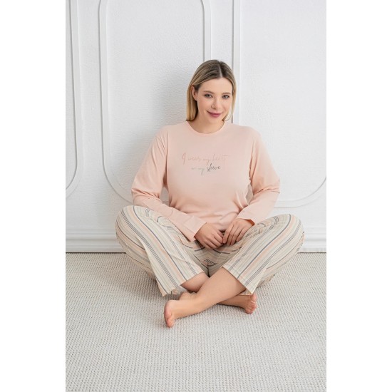 Büyük Beden Rahat Ve Şık Kadın Pijama | %100 Pamuk, Desenli Açık Somon