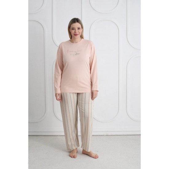 Büyük Beden Rahat Ve Şık Kadın Pijama | %100 Pamuk, Desenli Açık Somon