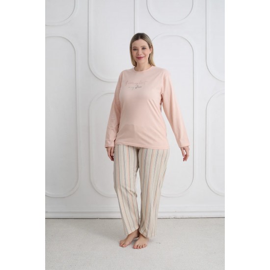 Büyük Beden Rahat Ve Şık Kadın Pijama | %100 Pamuk, Desenli Açık Somon