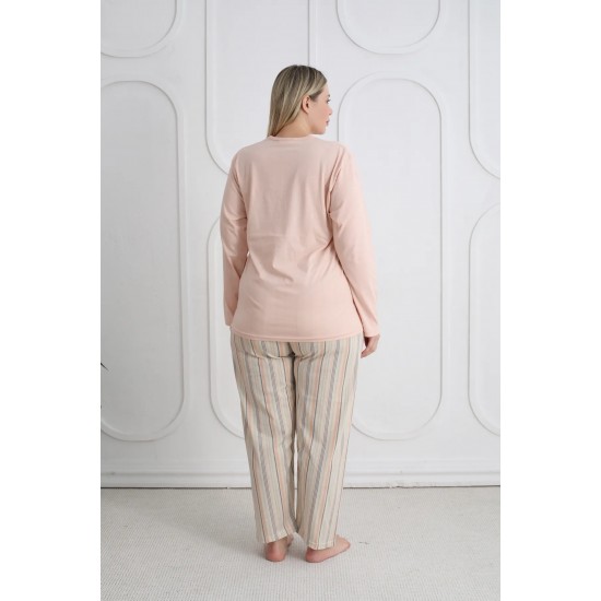 Büyük Beden Rahat Ve Şık Kadın Pijama | %100 Pamuk, Desenli Açık Somon