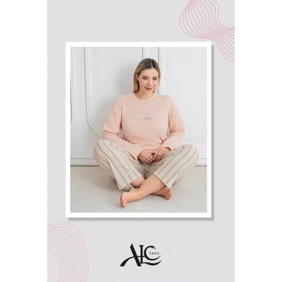 Büyük Beden Rahat Ve Şık Kadın Pijama | %100 Pamuk, Desenli Açık Somon