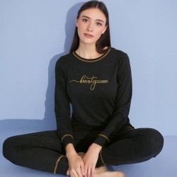 Uzun Kollu Siyah Renkli Alt-Üst Takımlı Kadın Pijama Takımı