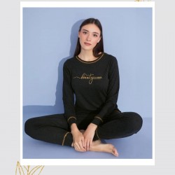 Uzun Kollu Siyah Renkli Alt-Üst Takımlı Kadın Pijama Takımı