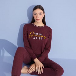 Bordo Renkli Kadın Pijama Takımı Uzun Kollu, Mevsimlik Model