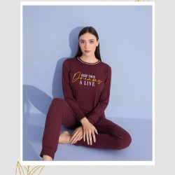 Bordo Renkli Kadın Pijama Takımı Uzun Kollu, Mevsimlik Model