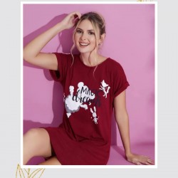 Yazlık Konfor: Desenli Kırmızı Kadın Gecelik | Kısa Kollu, Bisiklet Yaka