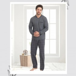Uzun Kollu %100 Pamuklu Iki Iplik Erkek Pijama – V Yakalı Takım